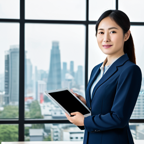 Home 10 Professional Growth**
"A fully clothed, professional Asian financial advisor, standing confidently in a modern office. She is wearing a modest business suit and holding a tablet displaying charts. The background includes a blurred cityscape view. Perfect anatomy, correct proportions, natural pose, safe for work, appropriate content, family-friendly, professional photography, high quality."
**