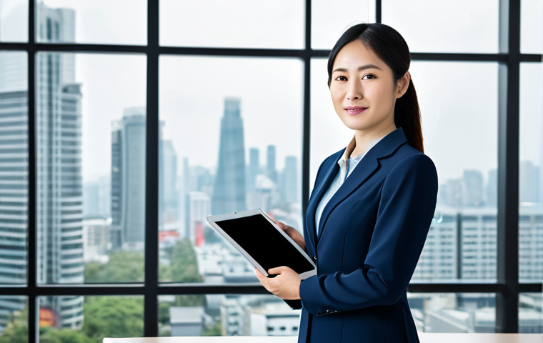 Professional Growth**
"A fully clothed, professional Asian financial advisor, standing confidently in a modern office. She is wearing a modest business suit and holding a tablet displaying charts. The background includes a blurred cityscape view. Perfect anatomy, correct proportions, natural pose, safe for work, appropriate content, family-friendly, professional photography, high quality."
**